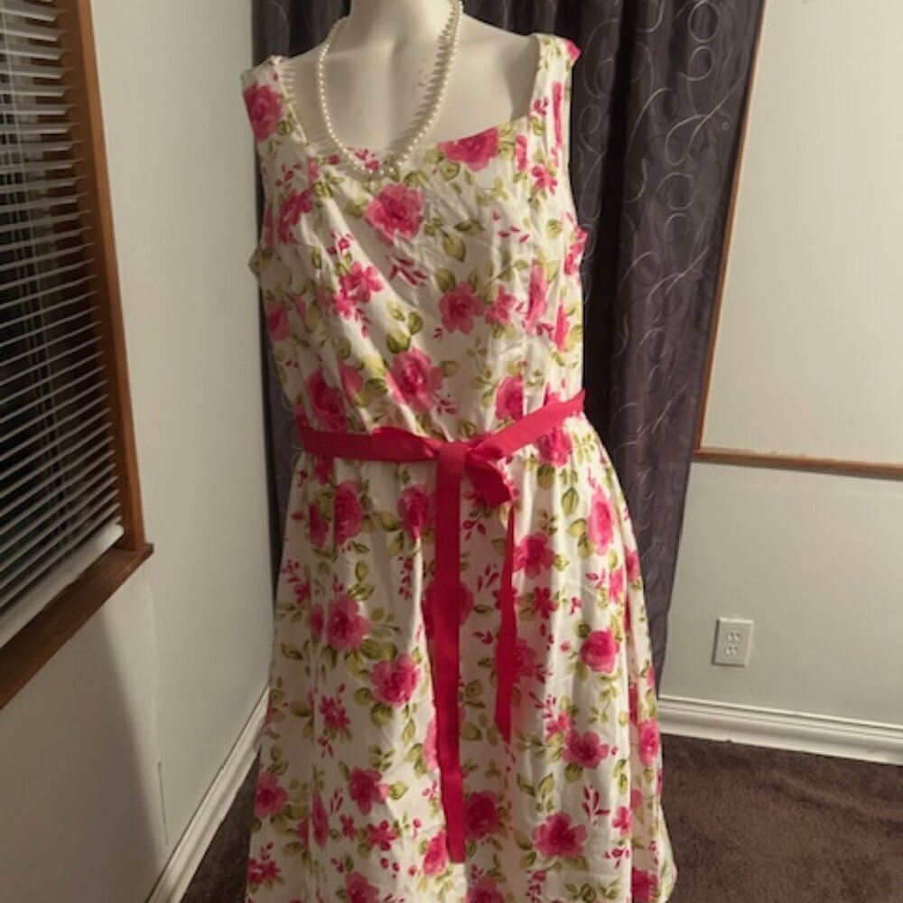 Dress Barn Hot Pink/White Floral sleeveless dress with sash belt, size 14W